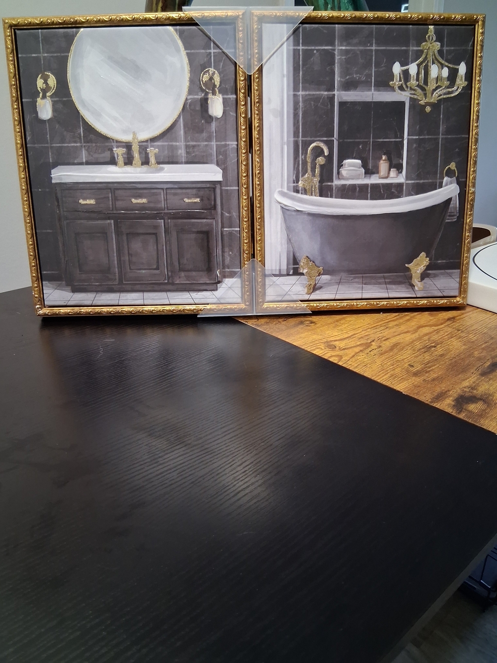 Bathroom Wall Art Set - Gray & Gold Framed Prints